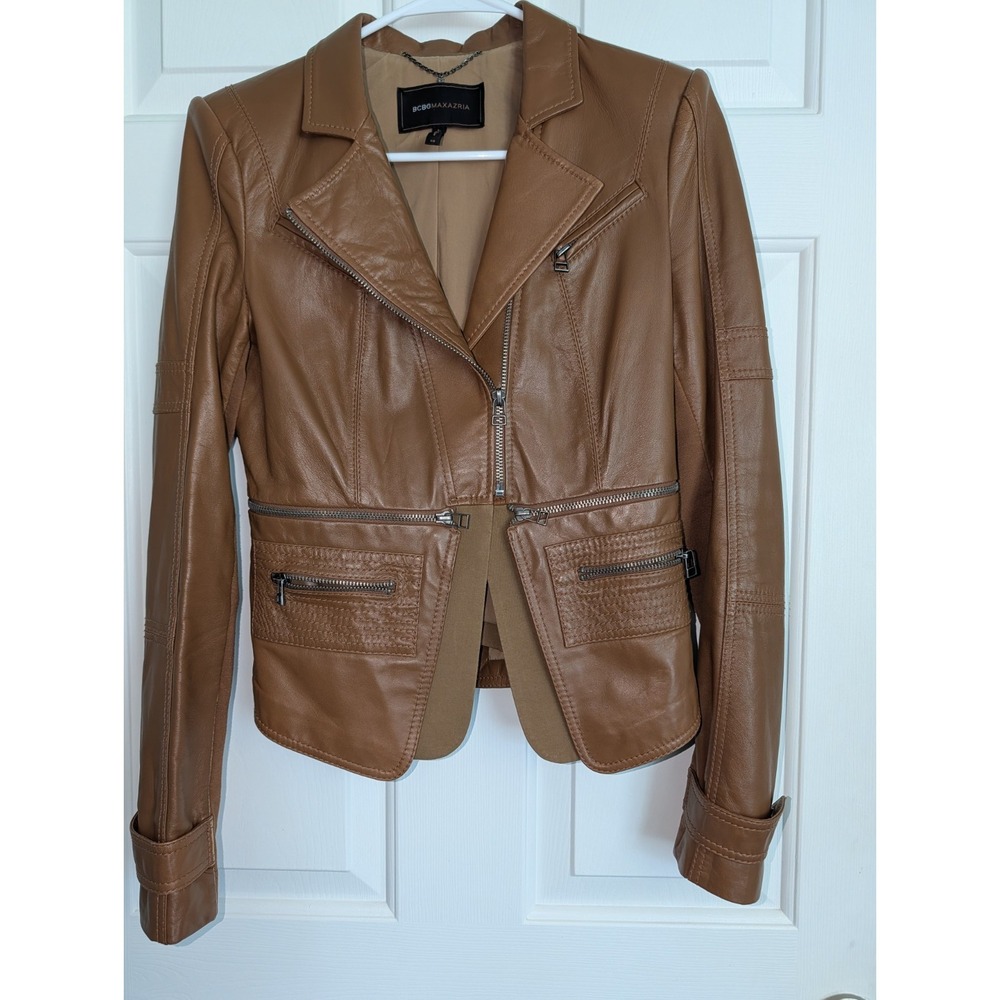 BCBG MAXAZRIA XS Ginger Brown Genuine Leather Moto Jacket Zip Going Out X-Small